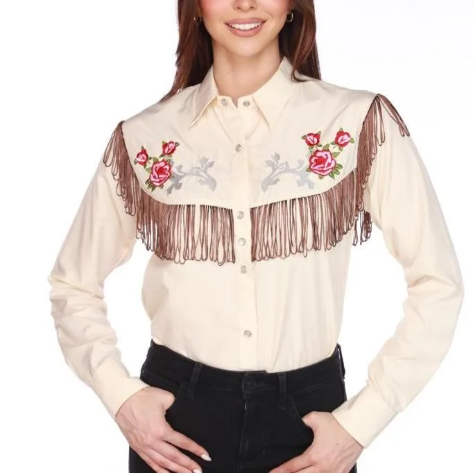 American West Cowgirl Embroidered Tassel Shirt - Beige Classic Basic Short Shirt