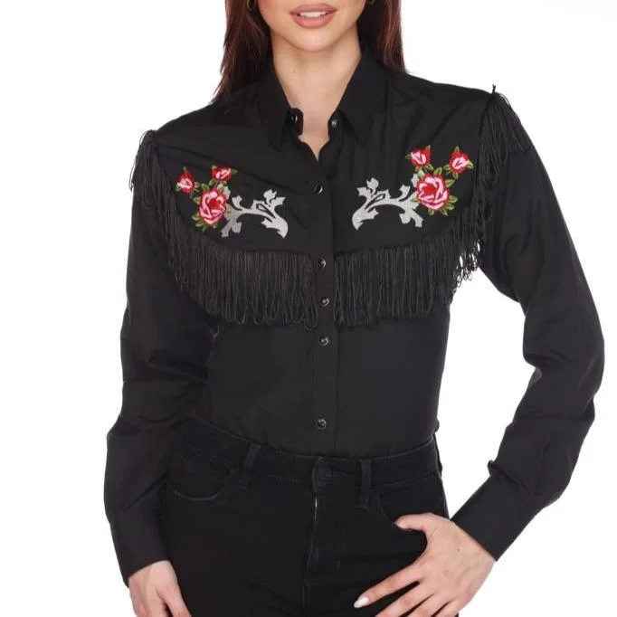 American West Cowgirl Embroidered Tassel Shirt - Black Elegant High-Low Short Shirt