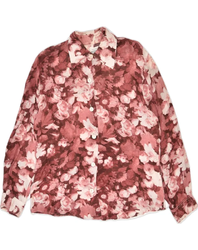 BENETTON Womens Shirt IT 46 Large Maroon Floral Viscose Elegant Off-Shoulder Short Shirt