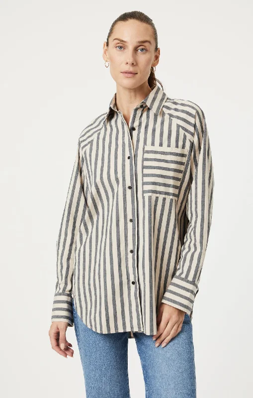 BUTTON-UP LONG SLEEVE SHIRT IN BEIGE BOLD STRIPE Cozy Cotton Short Tee