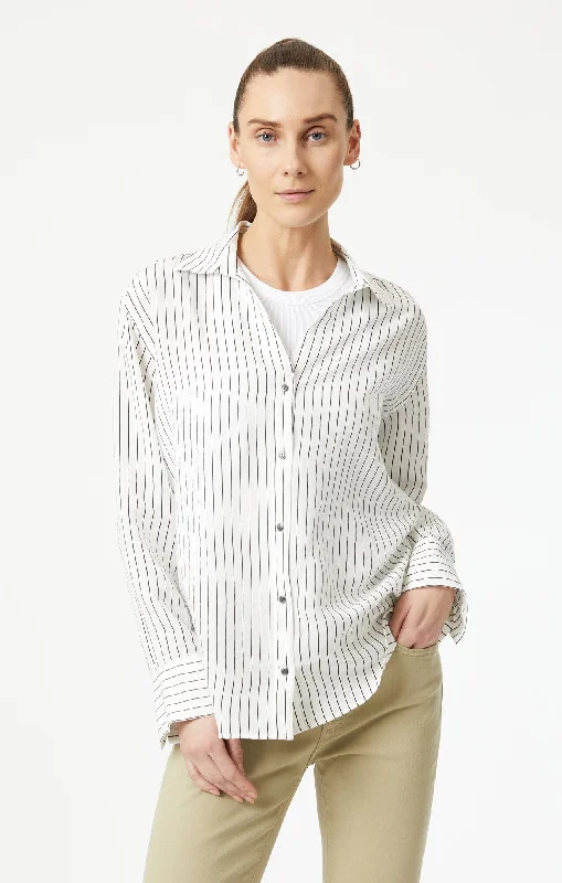 BUTTON-UP LONG SLEEVE SHIRT IN BLACK STRIPE Cozy Knit Short Sleeve Top