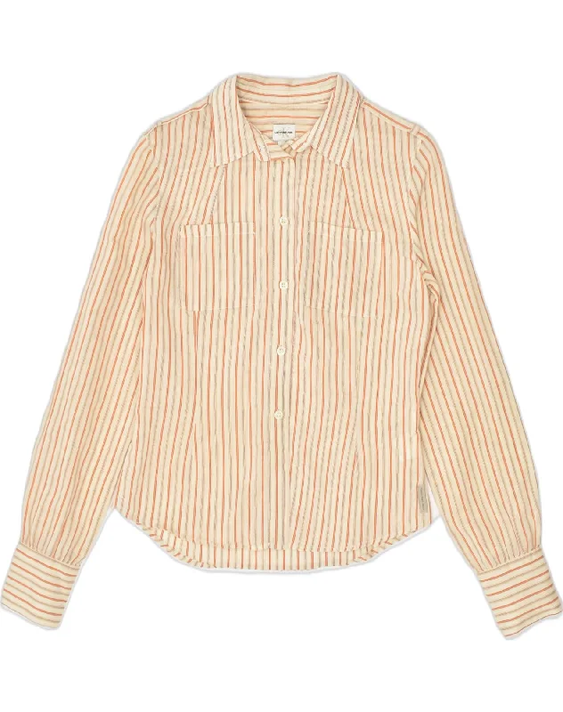 CALVIN KLEIN JEANS Womens Shirt Medium Beige Striped Cotton Cozy Plain Short Sleeve