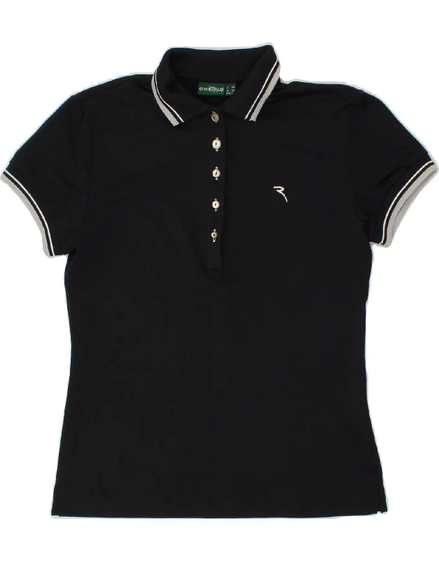 CHERVO Womens Polo Shirt IT 44 Medium Black Polyester Comfortable Pocket Short Shirt