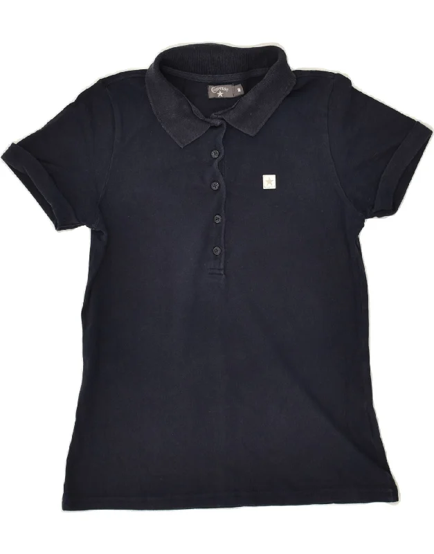 CONVERSE Womens Polo Shirt UK 12 Medium Navy Blue Cotton Chic Silk Short Sleeve Shirt