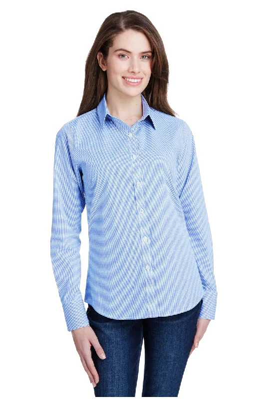 Women's Microcheck Long Sleeve Cotton Shirt (Light Blue / White) Elegant Lace-Trimmed Short Shirt