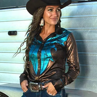 Cowgirl Tuff Copper & Turquoise Metallic Rodeo Shirt Stylish Printed Short Shirt