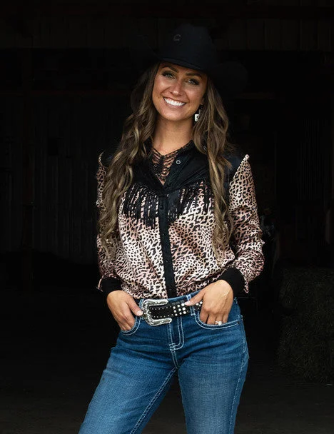 Cowgirl Tuff Leopard & Black with Fringe Rodeo Shirt Elegant Silk Short Shirt