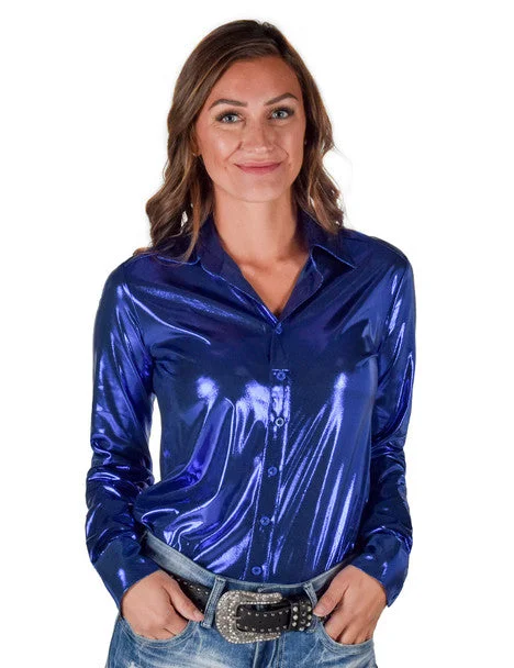 Cowgirl Tuff Metallic Blue Shirt Comfortable Knit Short Shirt