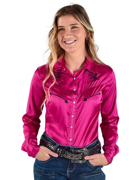 Cowgirl Tuff Pink Satin Shirt Classic Cropped Short Sleeve