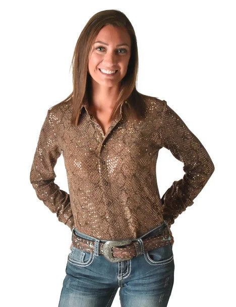 Cowgirl Tuff Tan Metallic Snakeskin Rodeo Shirt Cozy Cotton Short Tee