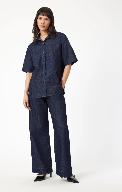 DEVA SHIRT IN RINSE DENIM Stylish Pleated Short Sleeve