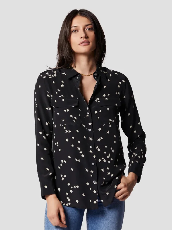 EQUIPMENT Slim Signature Silk Shirt - TRUE BLACK STAR PRINT Fashionable Short Sleeve Vest