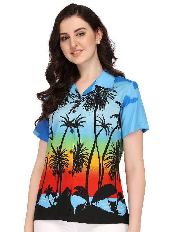 Hawaiian Shirt Women Coconut Tree Print Aloha Beach Top Blouse Casual Stylish Pleated Short Sleeve