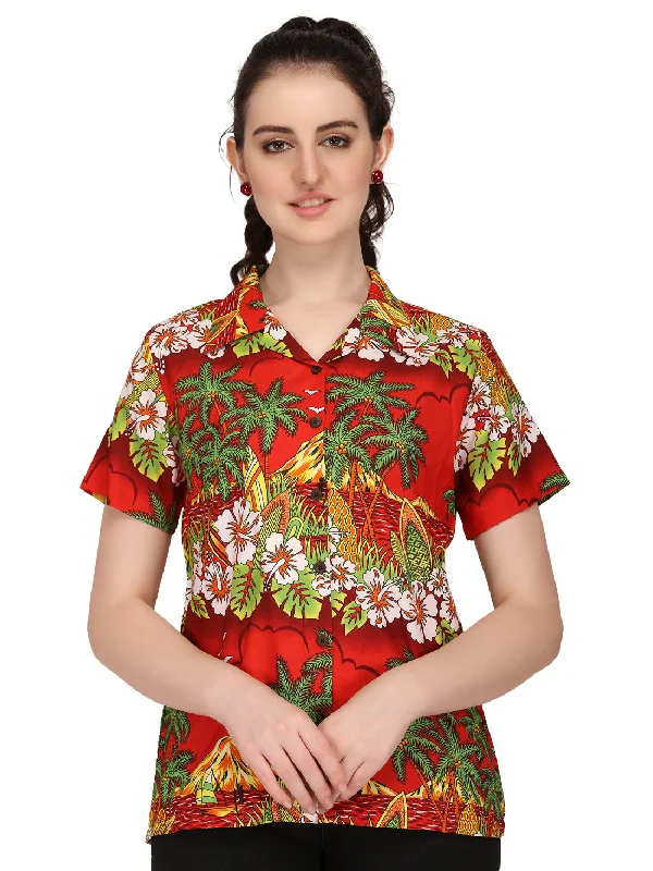 Hawaiian Shirts Womens Floral Scenic Beach Aloha Top Blouse Short Sleeve Relaxed Fit Short Blouse