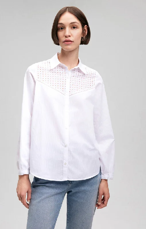 LACE DETAIL BUTTON-UP SHIRT IN WHITE Elegant Lace-Trimmed Short Shirt