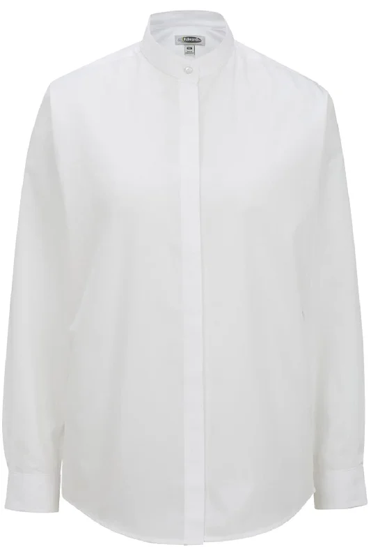 Ladies' White Banded Collar Broadcloth Shirt Trendy Tie-Front Short Shirt