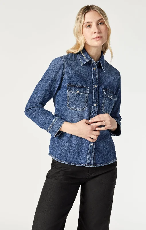 LEVIN SEMI-FITTED DENIM SHIRT IN DARK BLUE DENIM Classic Short Sleeve Blouse