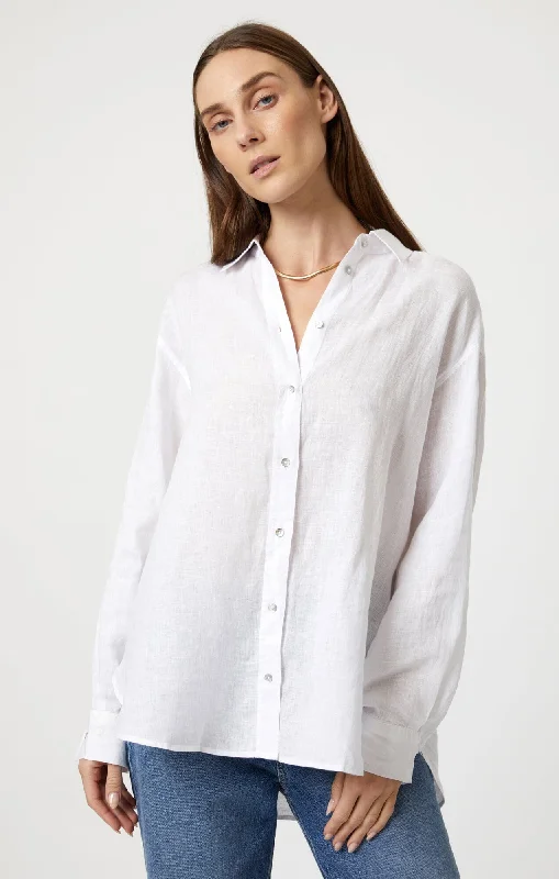 LINEN BUTTON-UP SHIRT IN WHITE Modern Short Sleeve Top