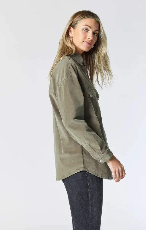 LIVIA OVERSIZED DENIM SHIRT IN ALOE CORD Elegant High-Low Short Shirt