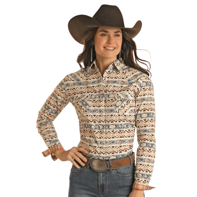 Panhandle Women's Southwestern Print Long Sleeve Western Snap Shirt RWN2S02817 Fashionable Button-Front Short Sleeve