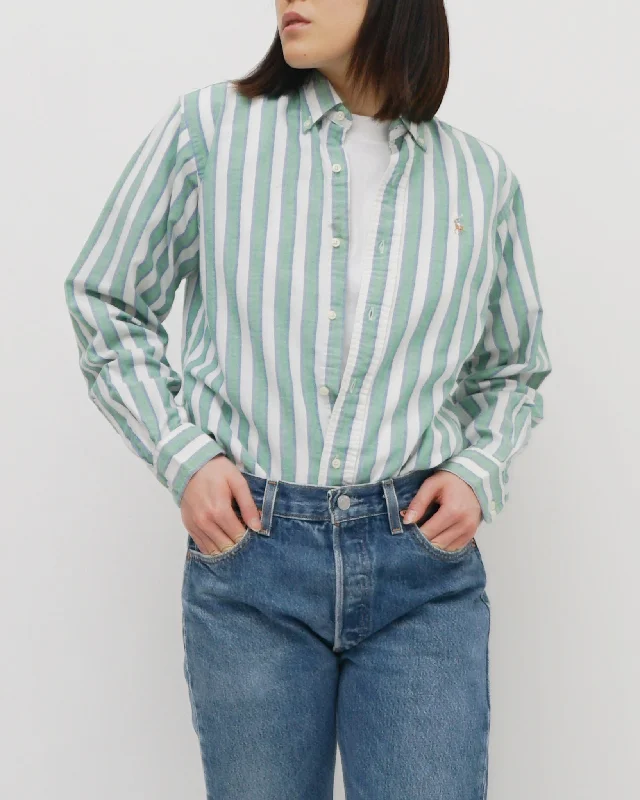 Oxford Shirts / Green Stripe Chic Silk Short Sleeve Shirt