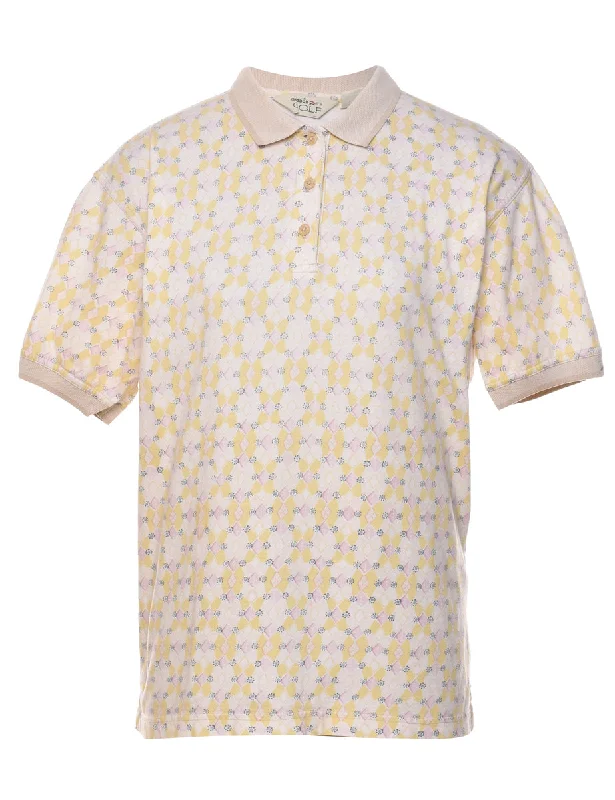 Reebok Light Yellow & Off-White Patterned Polo Shirt - M Classic V-Neck Short Shirt