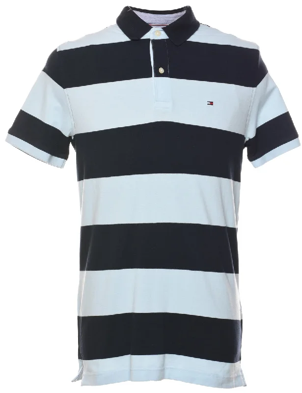 Tommy Hilfiger Navy & Light Blue Striped Polo Shirt - L Trendy Tie-Front Short Shirt