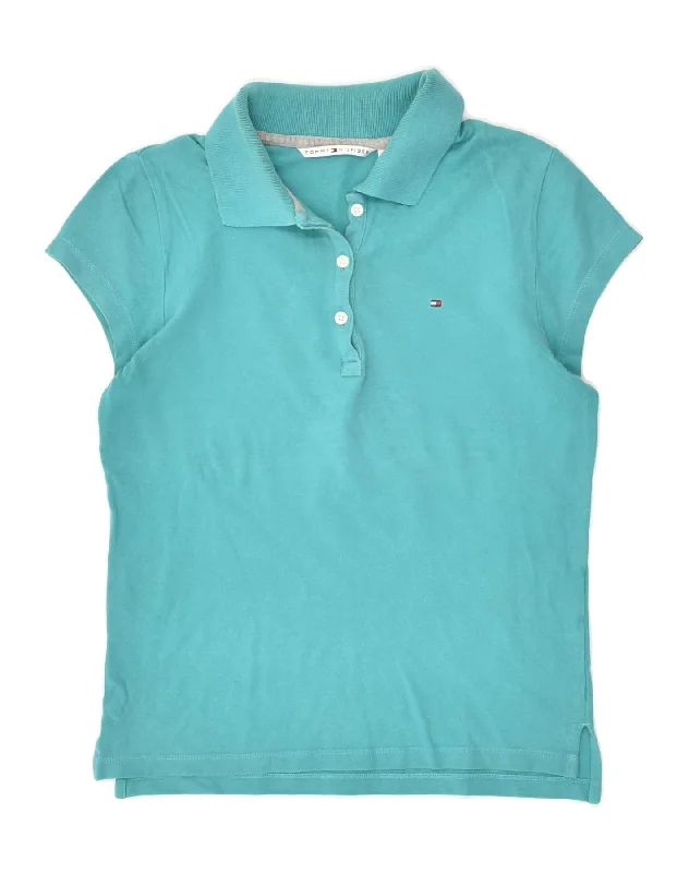 TOMMY HILFIGER Womens Polo Shirt UK 12 Medium Turquoise Cotton Modern Short Sleeve Top