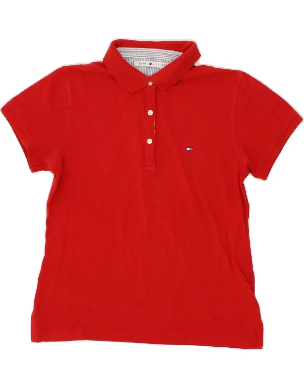 TOMMY HILFIGER Womens Polo Shirt UK 14 Medium Red Cotton Soft Silk Short Sleeve