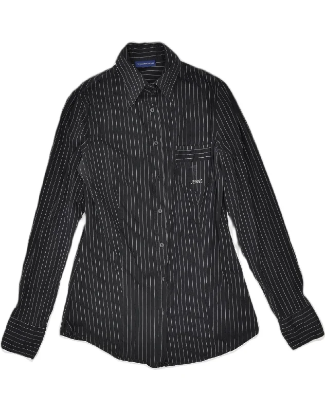 TRUSSARDI Womens Shirt UK 12 Medium Black Pinstripe Cotton Classic V-Neck Short Shirt