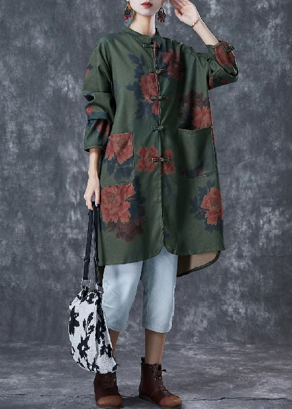 Vintage Blackish Green Print Chinese Button Linen Long Shirts Fall Fashionable Pleated Short Shirt Vintage Blackish Green Print Chinese Button Linen Long Shirts Fall Fashionable Pleated Short Shirt