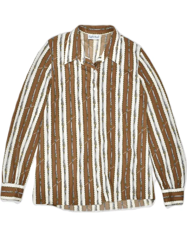 VINTAGE Womens Shirt UK 14 Medium Brown Striped Polyester Elegant Draped Short Shirt