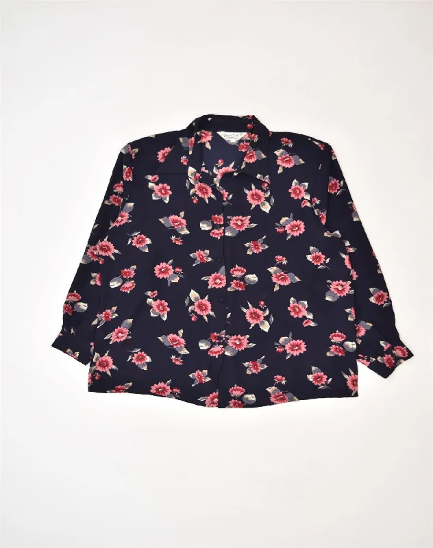 VINTAGE Womens Shirt UK 16 Large Navy Blue Floral Comfortable Stretch Short Shirt