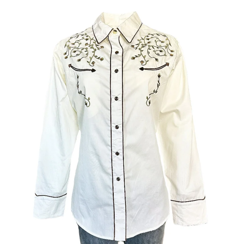 Women’s Rhinestones & Scrolls Embroidery Western Shirt in Ivory Chic Silk Short Sleeve Shirt Women’s Rhinestones & Scrolls Embroidery Western Shirt in Ivory Chic Silk Short Sleeve Shirt