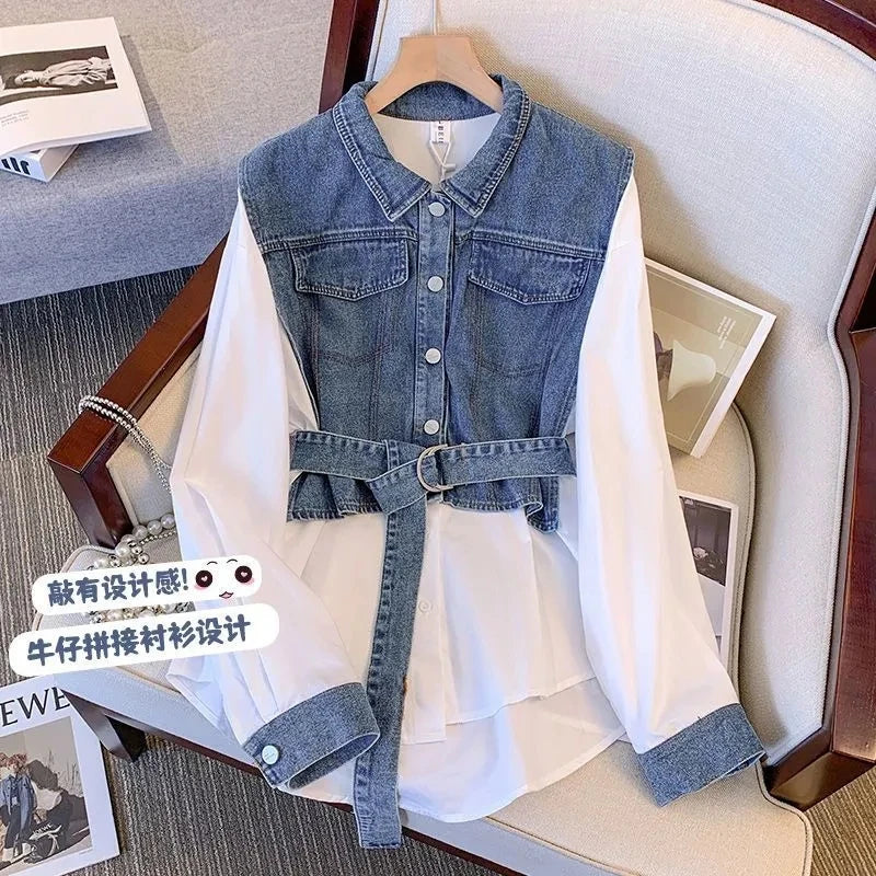 Women's  Temperament Denim Shirt Trendy Turtleneck Short Shirt