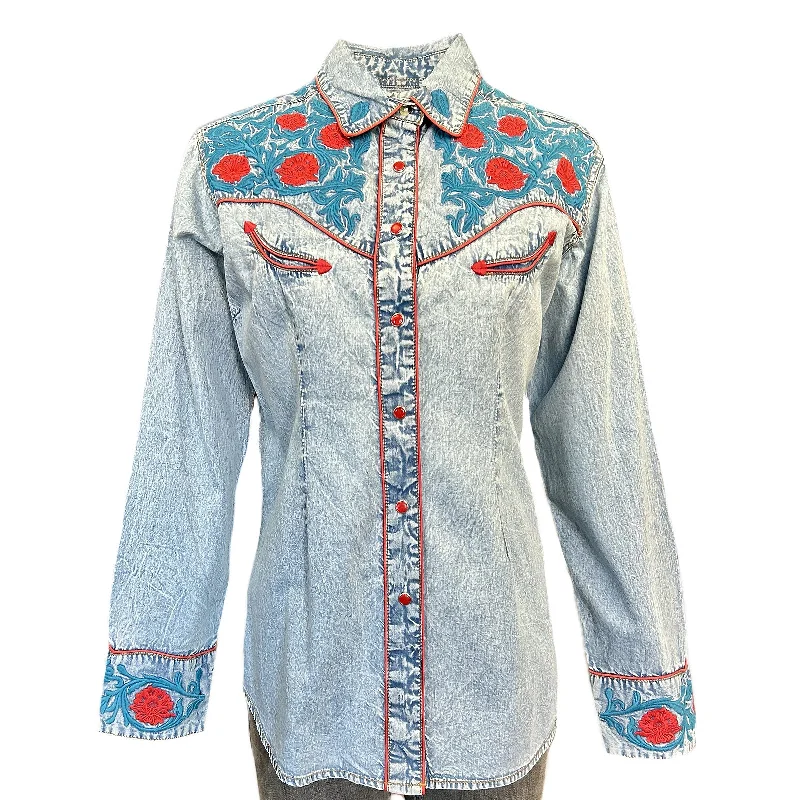 Women's Vintage Floral Embroidered Denim Western Shirt Fashionable Plaid Short Sleeve Women's Vintage Floral Embroidered Denim Western Shirt Fashionable Plaid Short Sleeve