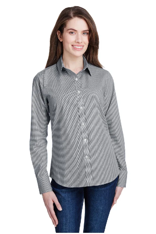 Women's Microcheck Long Sleeve Cotton Shirt (Black / White) Comfortable Pocket Short Shirt