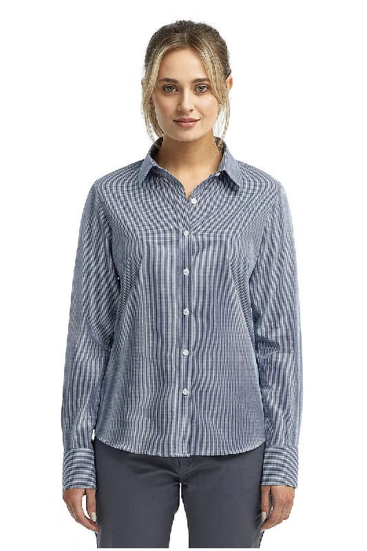 Women's Microcheck Long Sleeve Cotton Shirt (Navy / White) Trendy Tie-Front Short Shirt