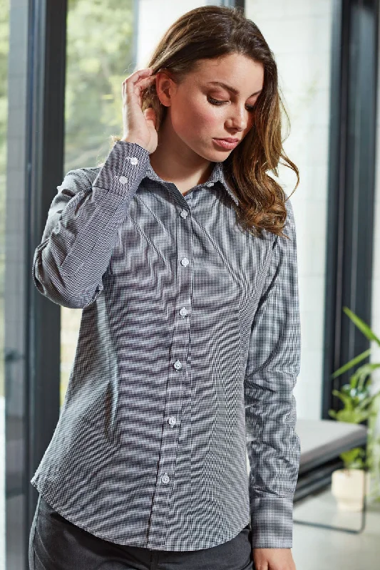 Women's Microcheck Long Sleeve Cotton Shirt Relaxed Fit Short Blouse