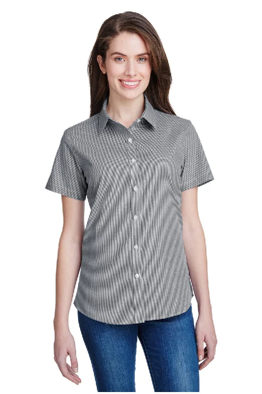 Women's Microcheck Short Sleeve Cotton Shirt (Black / White) Modern Casual Short Sleeve