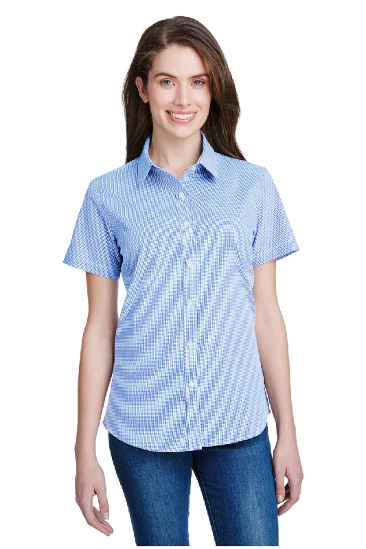 Women's Microcheck Short Sleeve Cotton Shirt (Light Blue / White) Fashionable Rounded Short Shirt