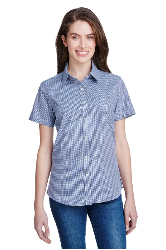 Women's Microcheck Short Sleeve Cotton Shirt (Navy / White) Casual Short Sleeve Top