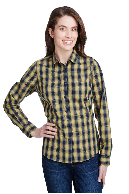 Women's Mulligan Check Long Sleeve Cotton Shirt (Camel / Navy) Classic Denim Short Sleeve