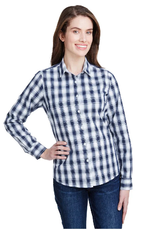 Women's Mulligan Check Long Sleeve Cotton Shirt (White / Navy) Elegant Draped Short Shirt