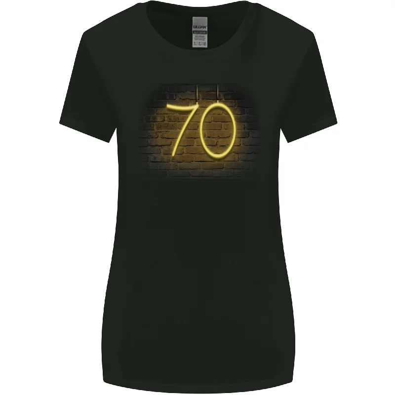 70th Birthday Neon Lights 70 Year Old Womens Wider Cut T-Shirt Chenille Fabric Brocade Fabric Lace Fabric