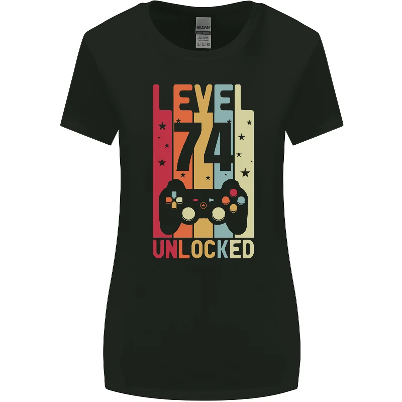 74th Birthday 74 Year Old Level Up Gaming Womens Wider Cut T-Shirt Satin Fabric Silk Fabric Chiffon Fabric