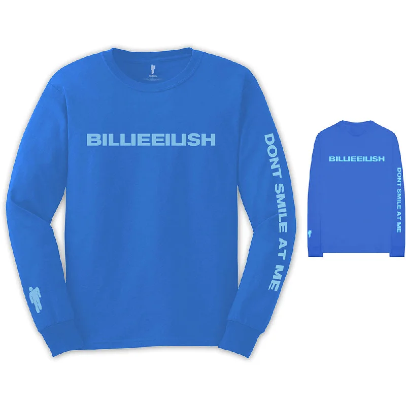 Billie Eilish Unisex Long Sleeved T-Shirt: Smile (Back & Arm Print) Front Pockets Side Pockets Patch Pockets