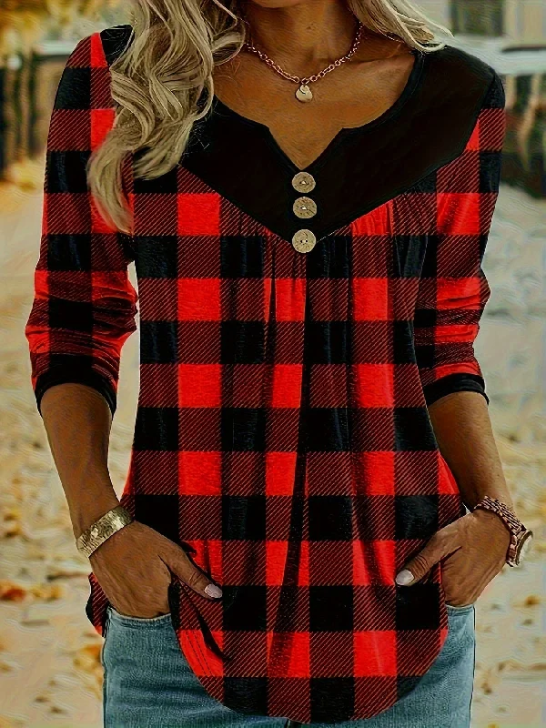 Casual Plaid Print Notch Neck Long Sleeve Button T-Shirt Chenille Blend Fleece Blend Nylon Blend