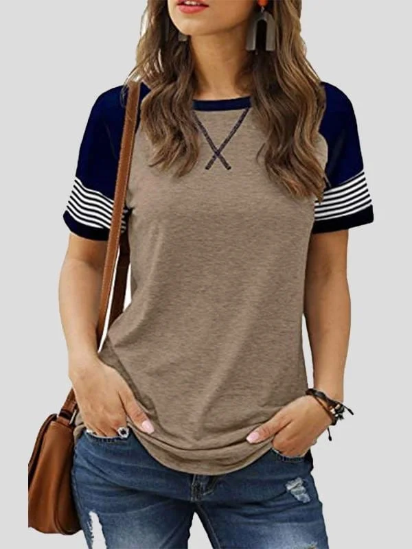 Casual Splicing Faded Short-sleeved Ladies T-shirt Front Pockets Side Pockets Patch Pockets