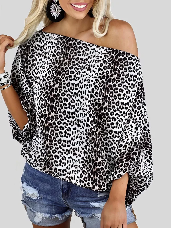 Leopard Print Oblique Collar Off Shoulder Long Sleeve Casual T-Shirt Anti-Pilling Machine Wash Handmade